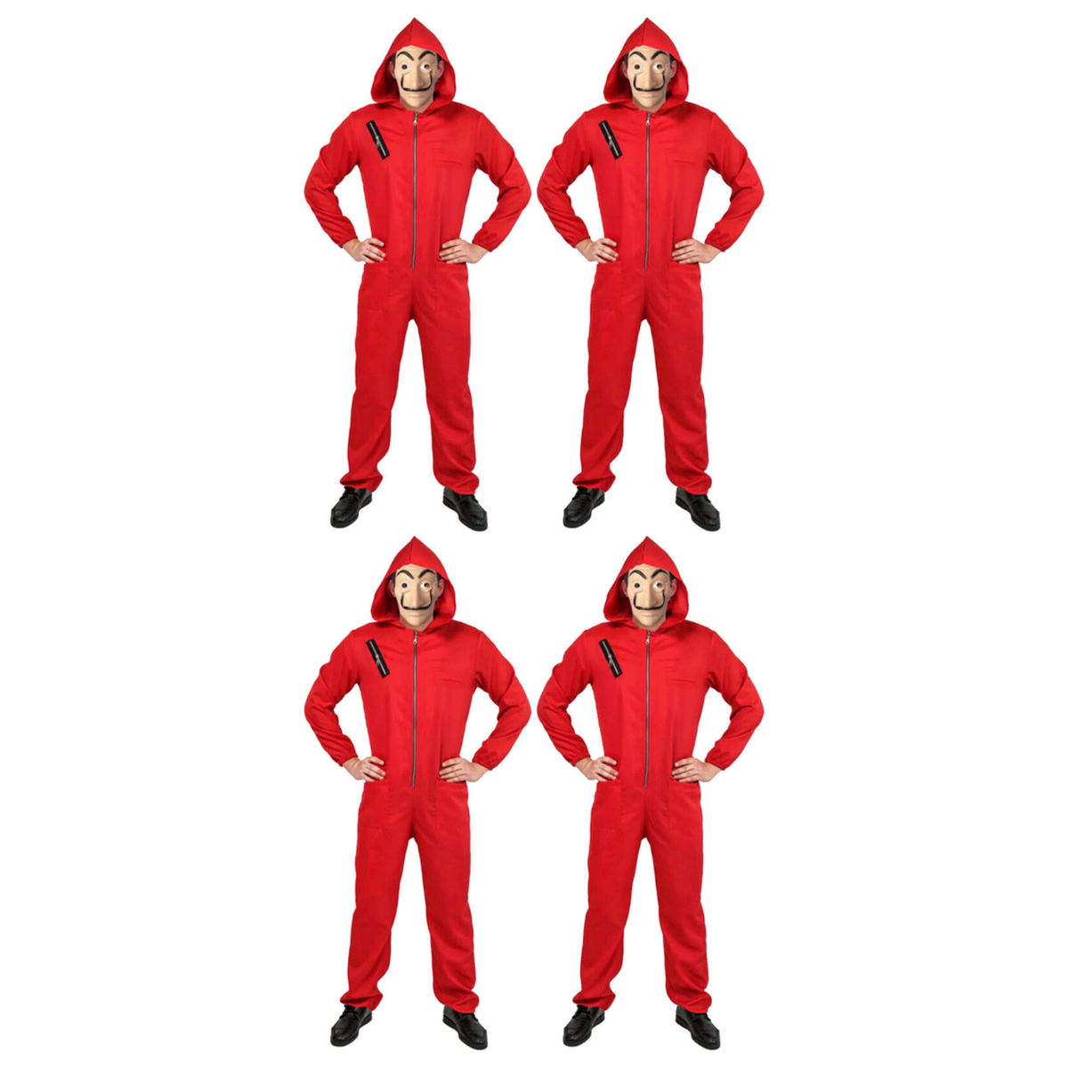 4x Adult Red Jumpsuit & Mask Group Costume Bulk Pack - Salvador Dali Heist/Robber