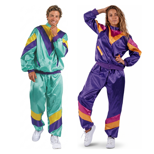 His & Hers Aqua & Purple 80s Shell Suit Couples Costume Set - Retro Halloween Fancy Dress