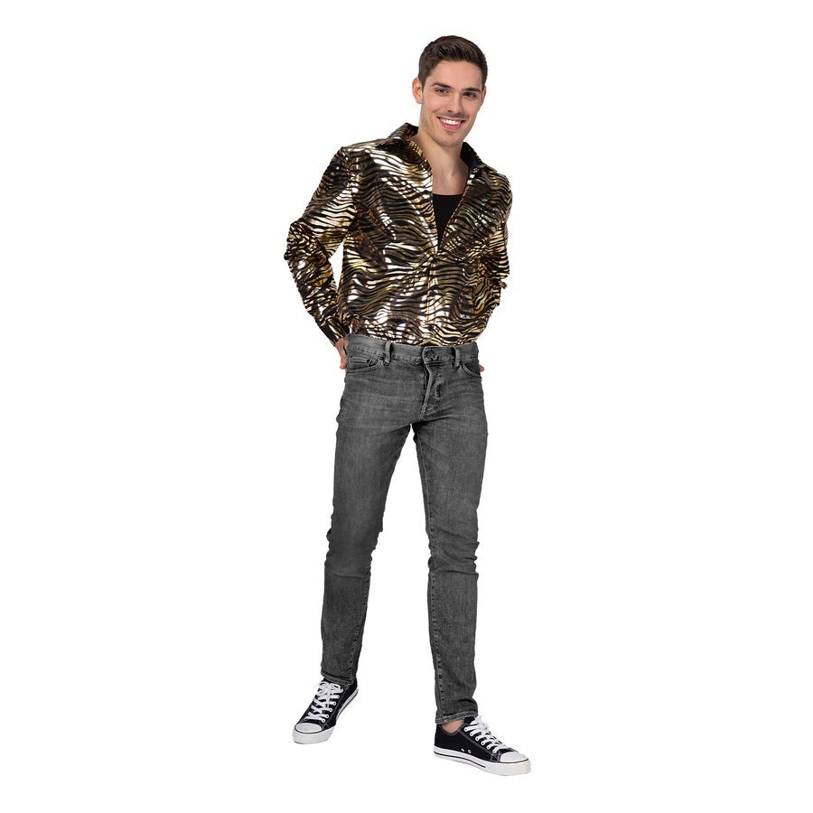 Mens Deluxe 70s Disco Tiger Print Shirt Costume Party in Gold
