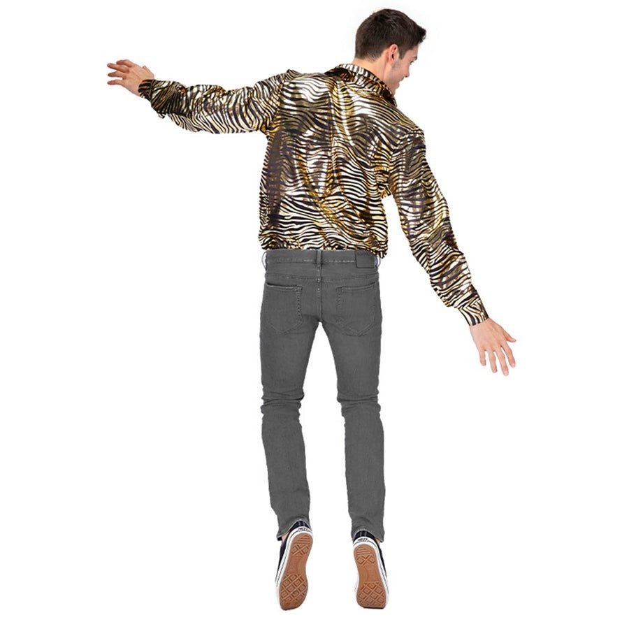 Mens Deluxe 70s Disco Tiger Print Shirt Costume Party in Gold