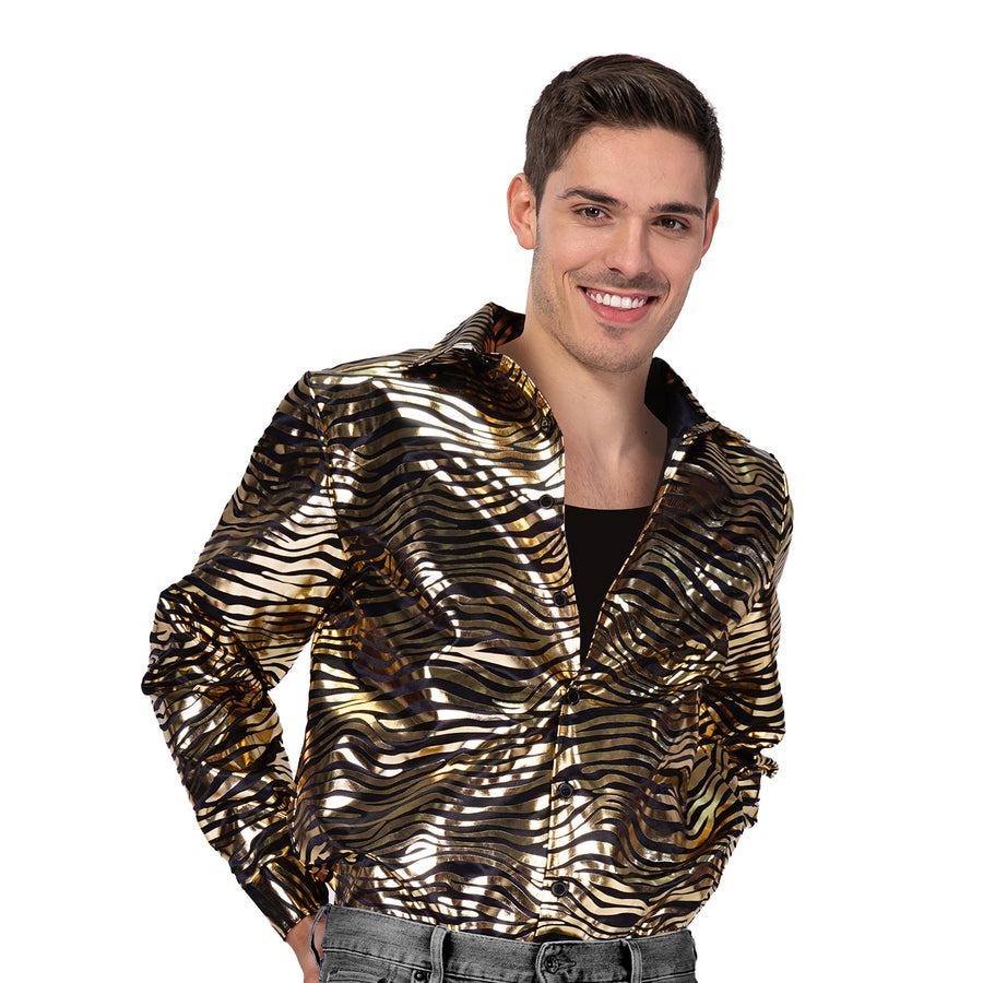Mens Deluxe 70s Disco Tiger Print Shirt Costume Party in Gold
