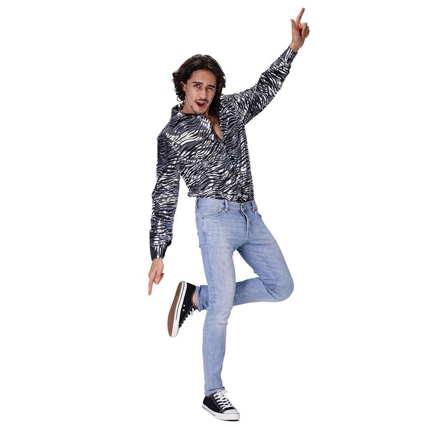 Mens Silver Deluxe Disco Tiger Print Shirt Costume - 70s Party (Halloween & Fancy Dress)