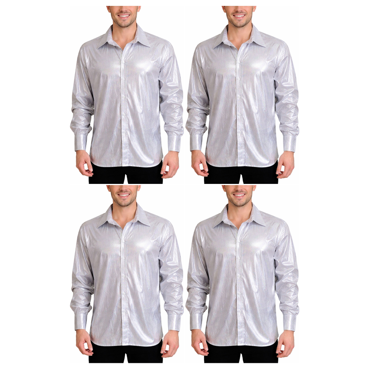 4x Mens Silver Metallic Disco Shirt Bulk Pack - 70s Dance Costume (Fancy Dress Party)