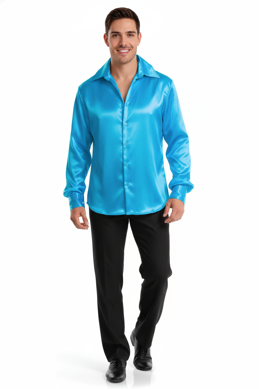 Mens 70s Deluxe Disco Shirt Costume Dance Groovy Dancer Long Sleeve - Blue