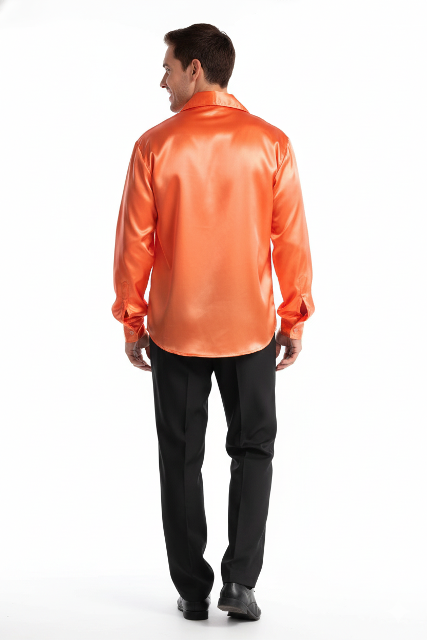 Mens 70s Deluxe Disco Shirt Costume Dance Groovy Dancer Long Sleeve - Orange