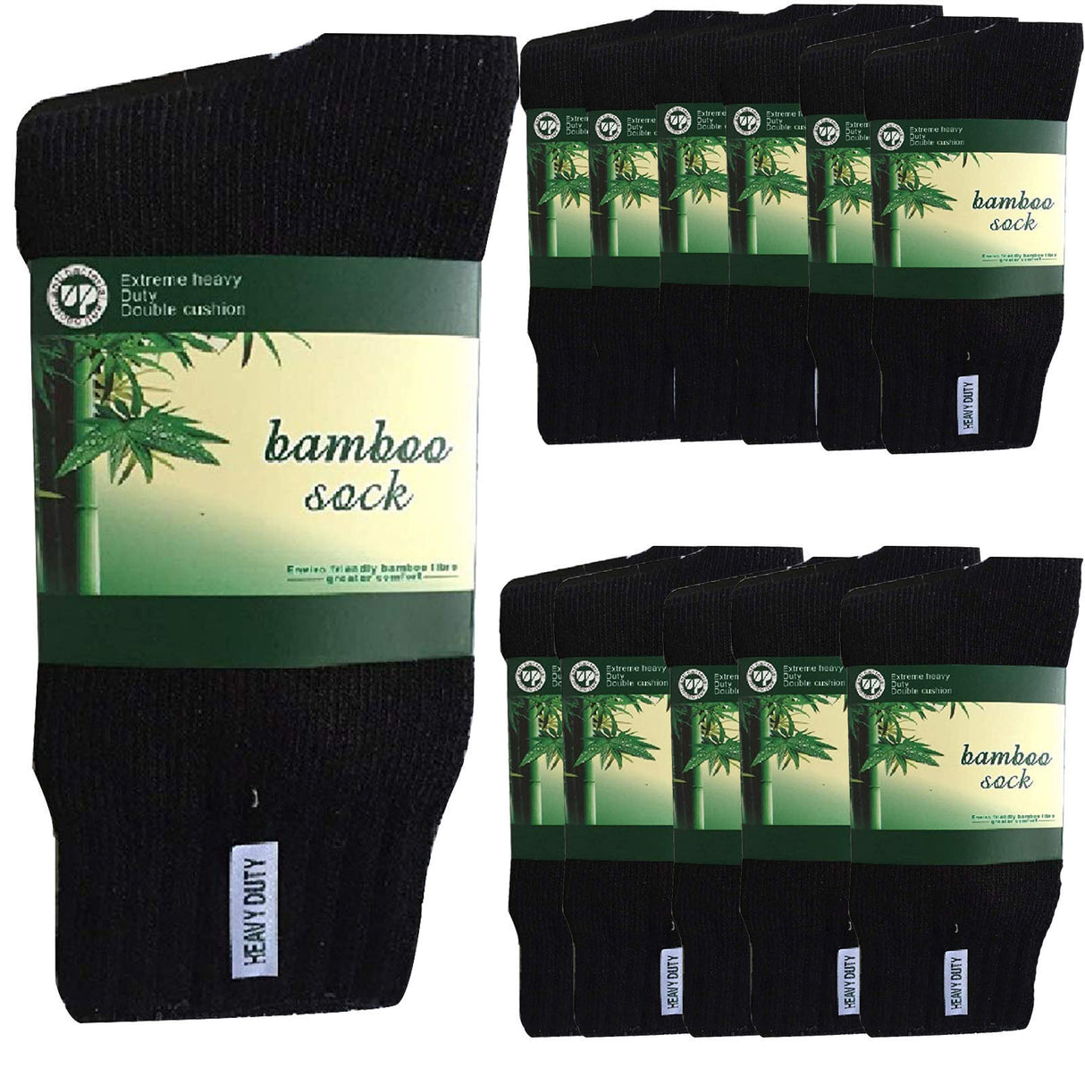 12 Pairs Bamboo Work Socks Bulk Pack - Black (Mens Heavy Duty Thick Socks w/ Cushion)