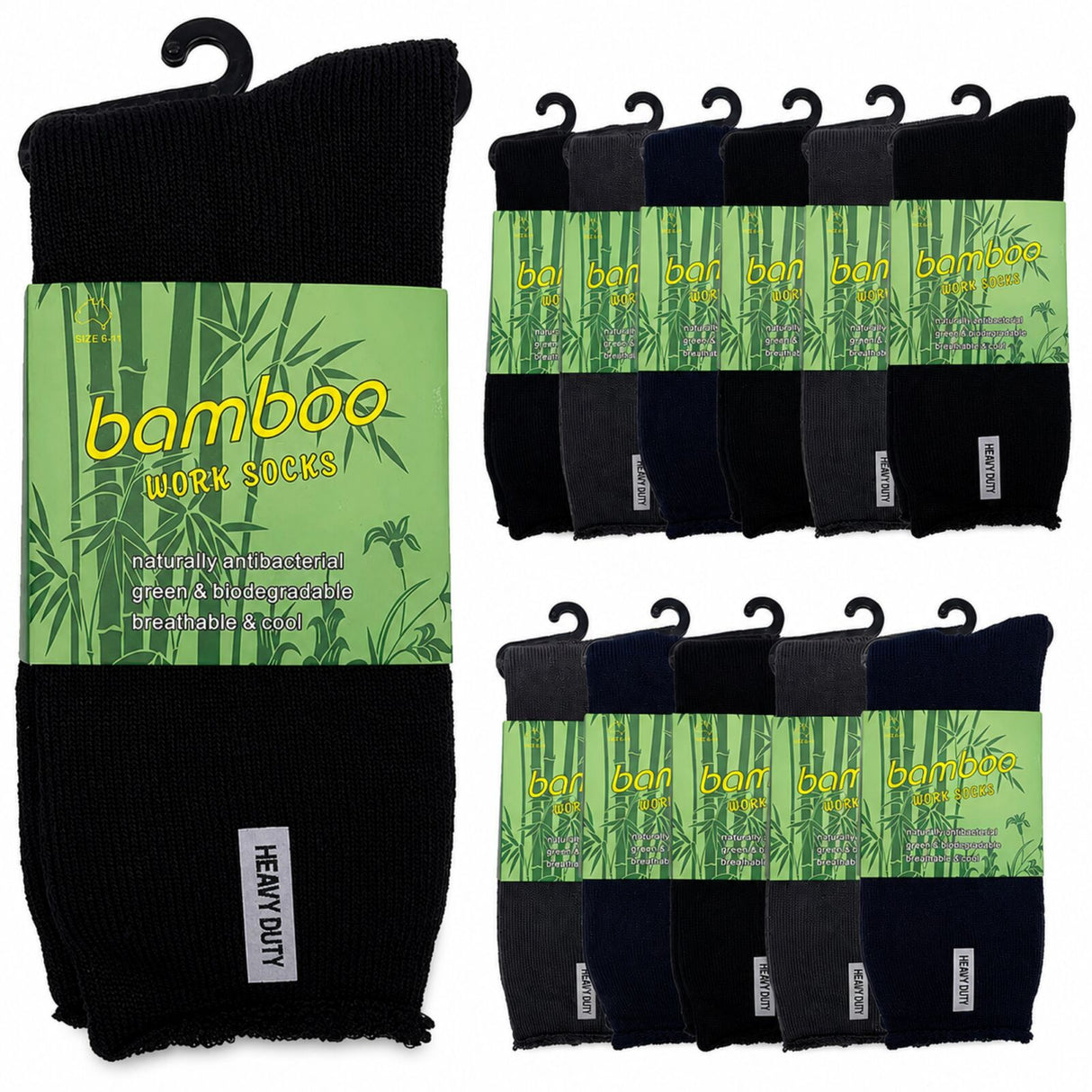 12 Pairs Premium Bamboo Works Socks Bulk Pack - Assorted (Mens Heavy Duty Thick Socks w/ Cushion & Anti-Odour)