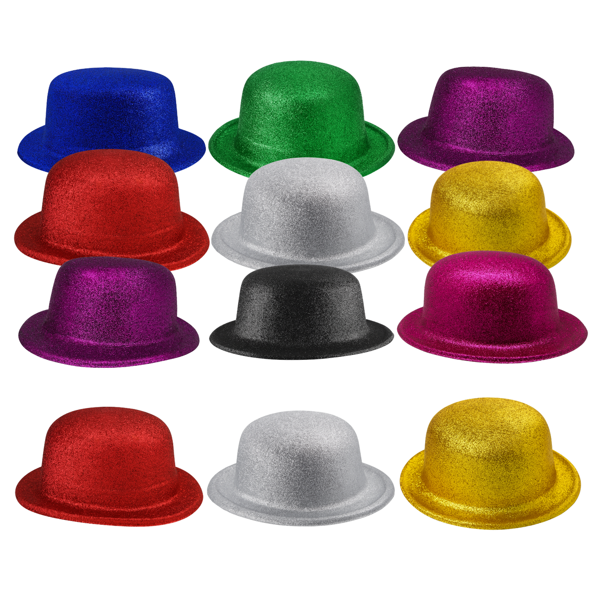 12x Assorted Colours Glitter Bowler Hat Bulk Pack - Sparkly Costume Hats for Dance/Fancy Dress Party