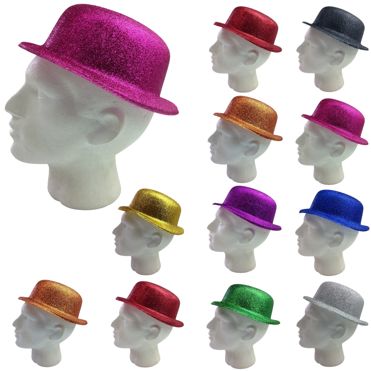 12x GLITTER BOWLER HAT Fancy Party Plastic Costume Cap Fun Dress Up Sparkle BULK - Assorted Colour Pack
