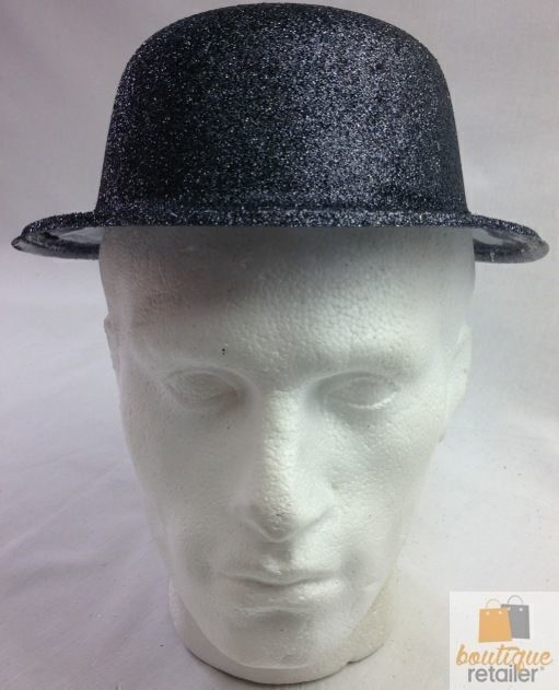 12x GLITTER BOWLER HAT Fancy Party Plastic Costume Cap Fun Dress Up Sparkle BULK - Black