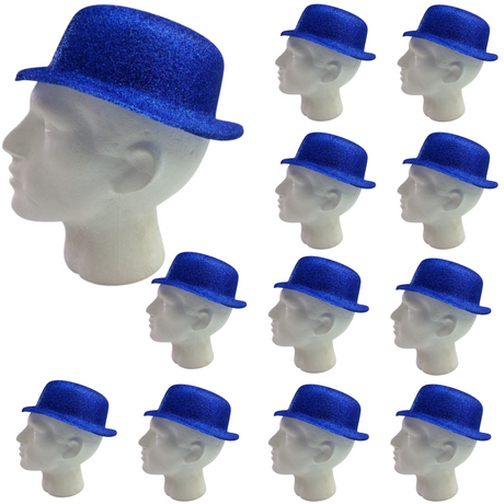 12x GLITTER BOWLER HAT Fancy Party Plastic Costume Cap Fun Dress Up Sparkle BULK - Blue
