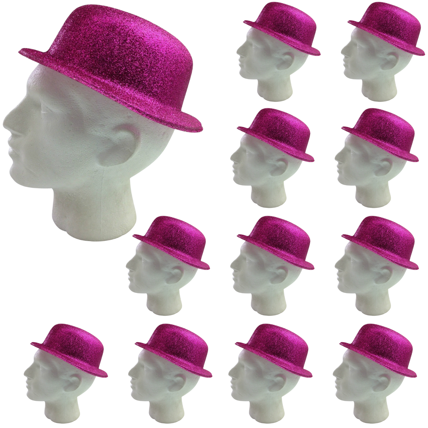 12x GLITTER BOWLER HAT Fancy Party Plastic Costume Cap Fun Dress Up Sparkle BULK - Hot Pink