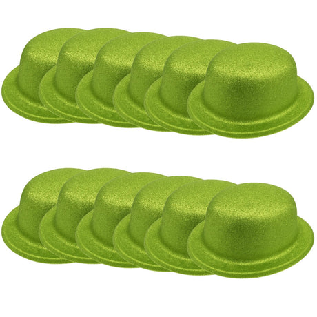 12x GLITTER BOWLER HAT Fancy Party Plastic Costume Cap Fun Dress Up Sparkle BULK - Lime Green