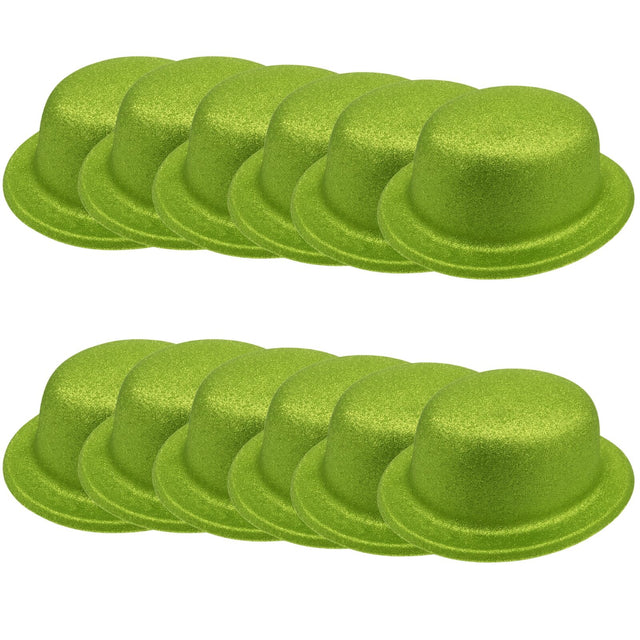 12x GLITTER BOWLER HAT Fancy Party Plastic Costume Cap Fun Dress Up Sparkle BULK - Lime Green