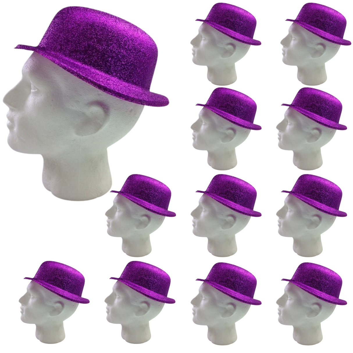 12x GLITTER BOWLER HAT Fancy Party Plastic Costume Cap Fun Dress Up Sparkle BULK - Purple