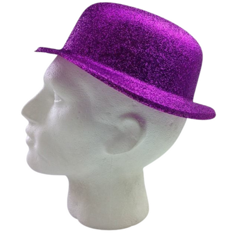 12x GLITTER BOWLER HAT Fancy Party Plastic Costume Cap Fun Dress Up Sparkle BULK - Purple