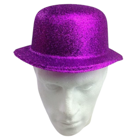 12x GLITTER BOWLER HAT Fancy Party Plastic Costume Cap Fun Dress Up Sparkle BULK - Purple