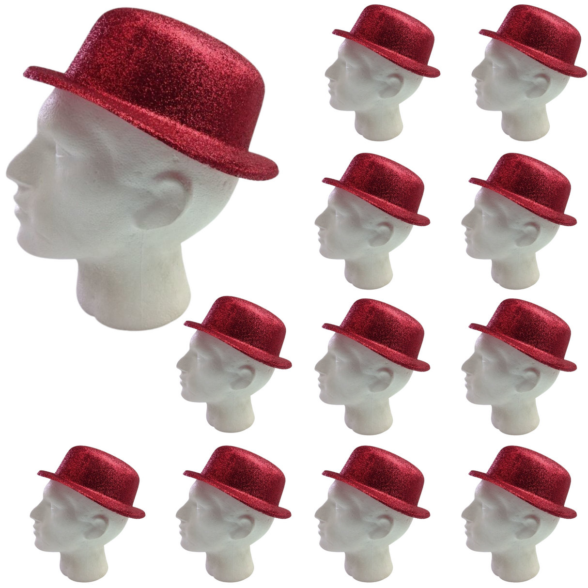 12x GLITTER BOWLER HAT Fancy Party Plastic Costume Cap Fun Dress Up Sparkle BULK - Red