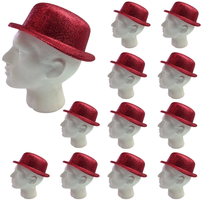 12x GLITTER BOWLER HAT Fancy Party Plastic Costume Cap Fun Dress Up Sparkle BULK - Red