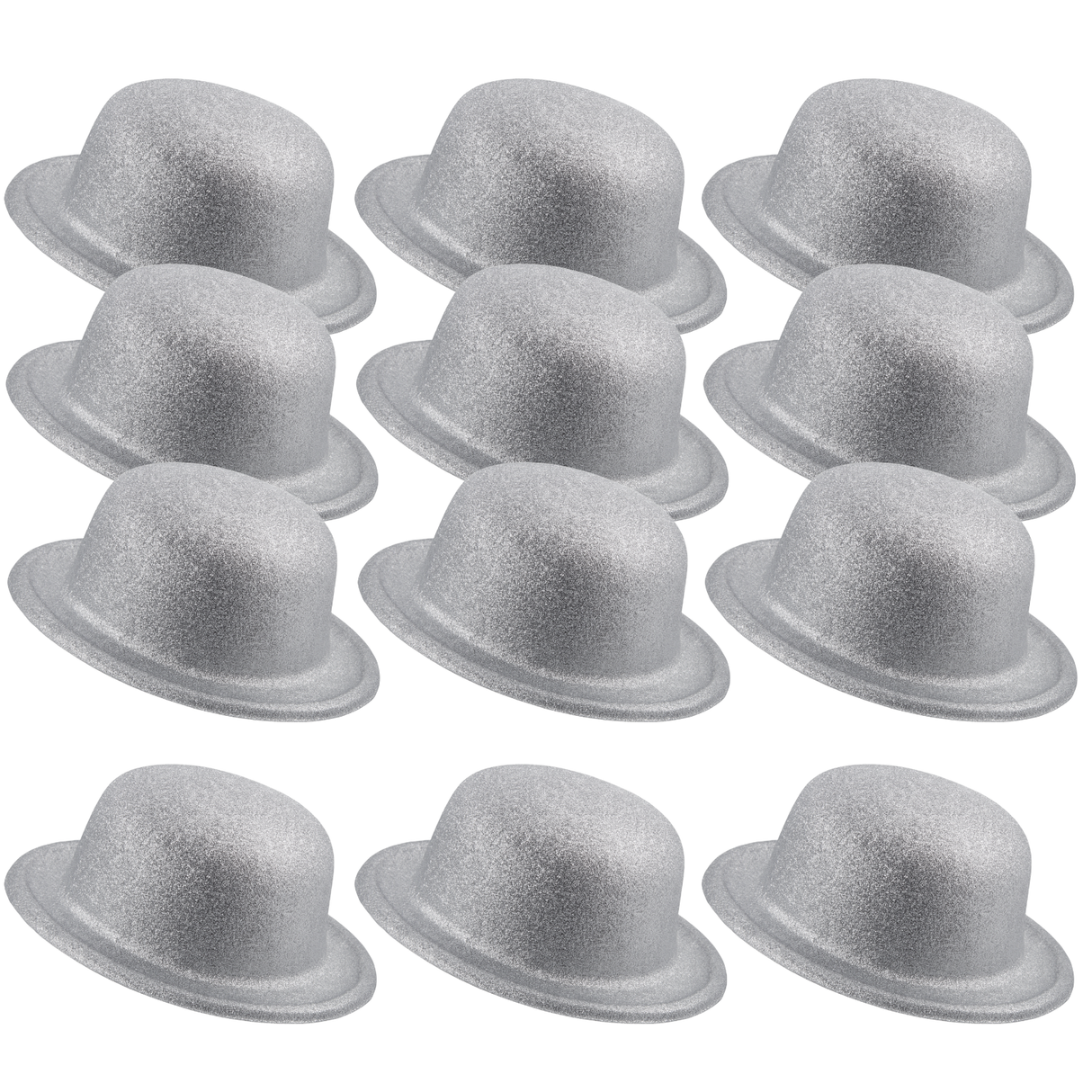 12x White/Silver Glitter Bowler Hat Bulk Pack - Sparkly Costume Hats for Dance/Fancy Dress Party