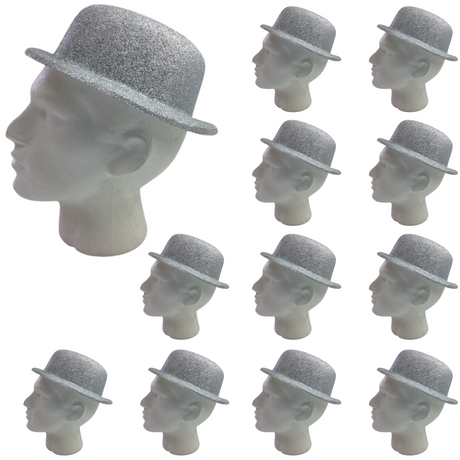 12x GLITTER BOWLER HAT Fancy Party Plastic Costume Cap Fun Dress Up Sparkle BULK - White/Silver