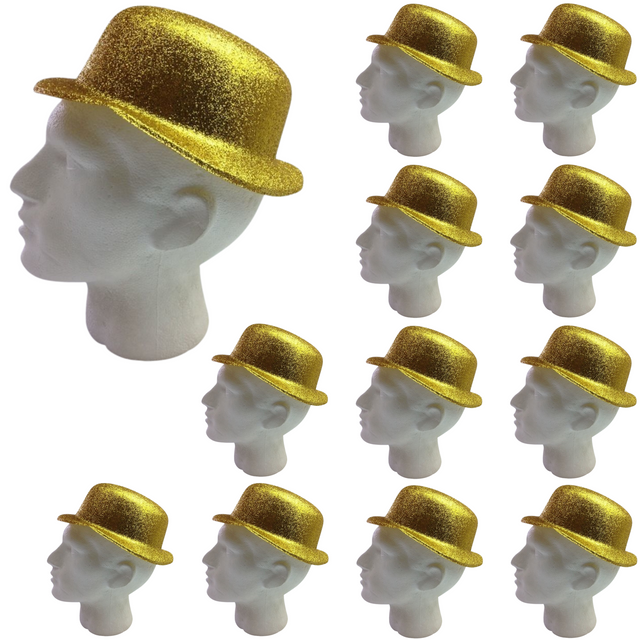 12x GLITTER BOWLER HAT Fancy Party Plastic Costume Cap Fun Dress Up Sparkle BULK - Yellow/Gold