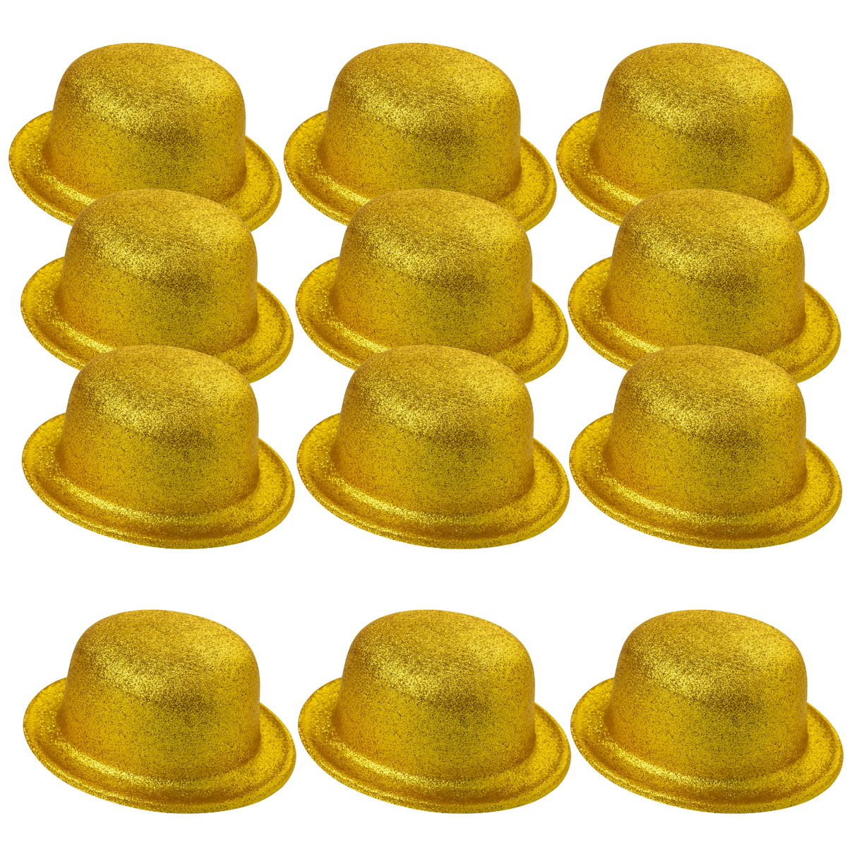 12x Yellow/Gold Glitter Bowler Hat Bulk Pack - Sparkly Costume Hats for Dance/Fancy Dress Party