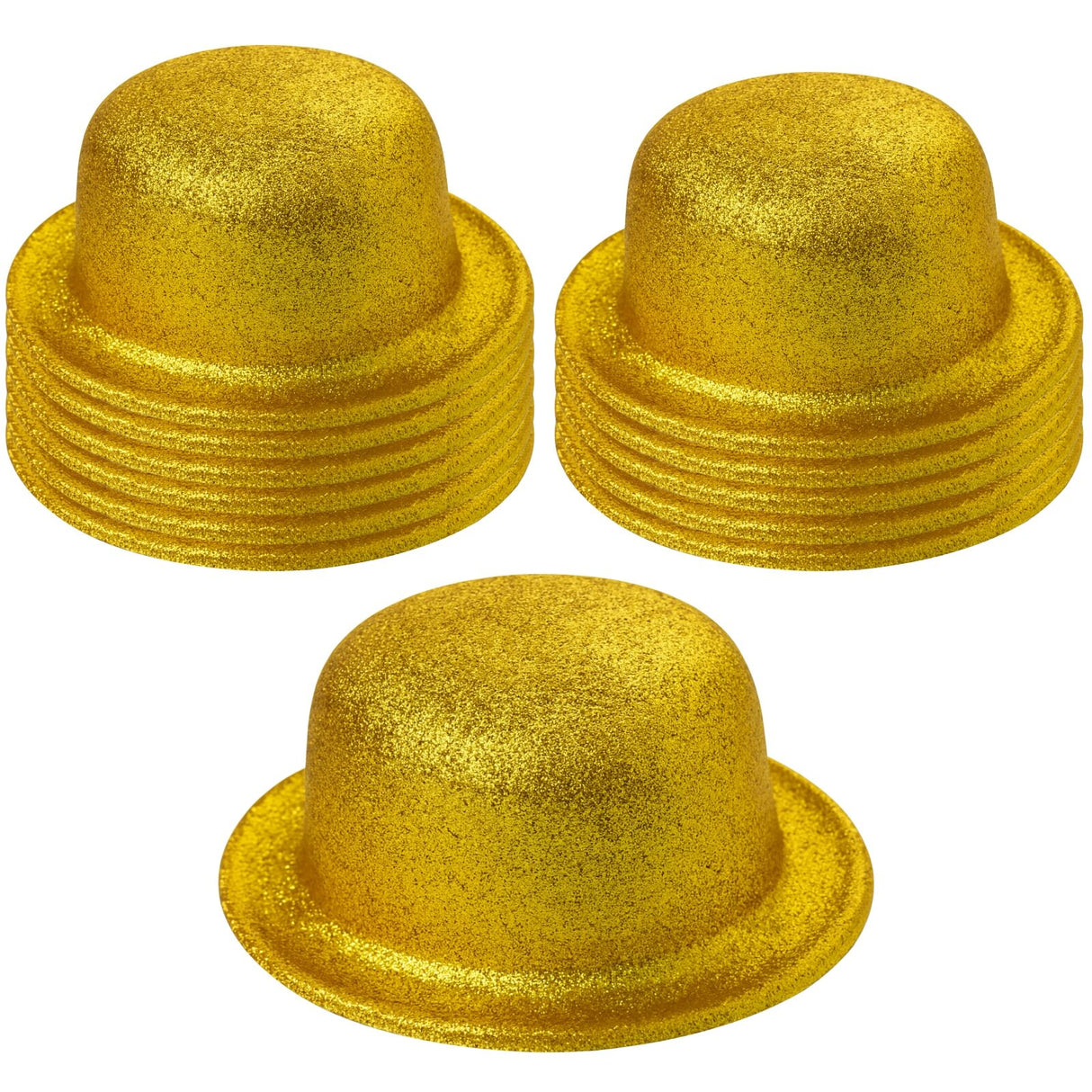 12x Yellow/Gold Glitter Bowler Hat Bulk Pack - Sparkly Costume Hats for Dance/Fancy Dress Party