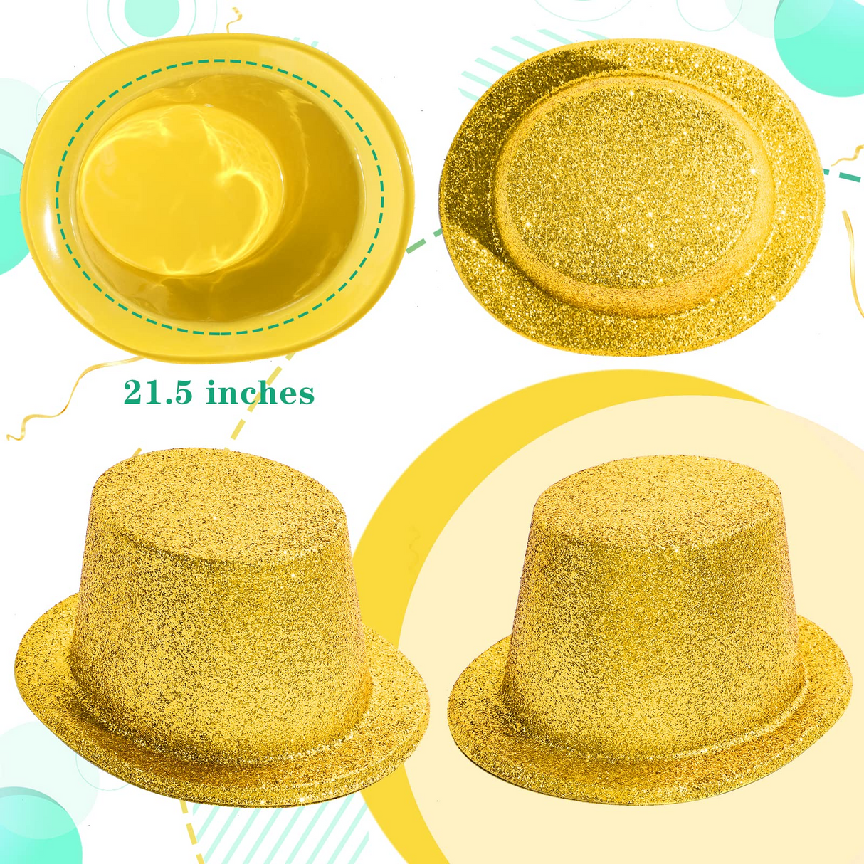 12x Yellow/Gold Glitter Top Hats Bulk - Sparkly Dance Costume/Fancy Dress Party