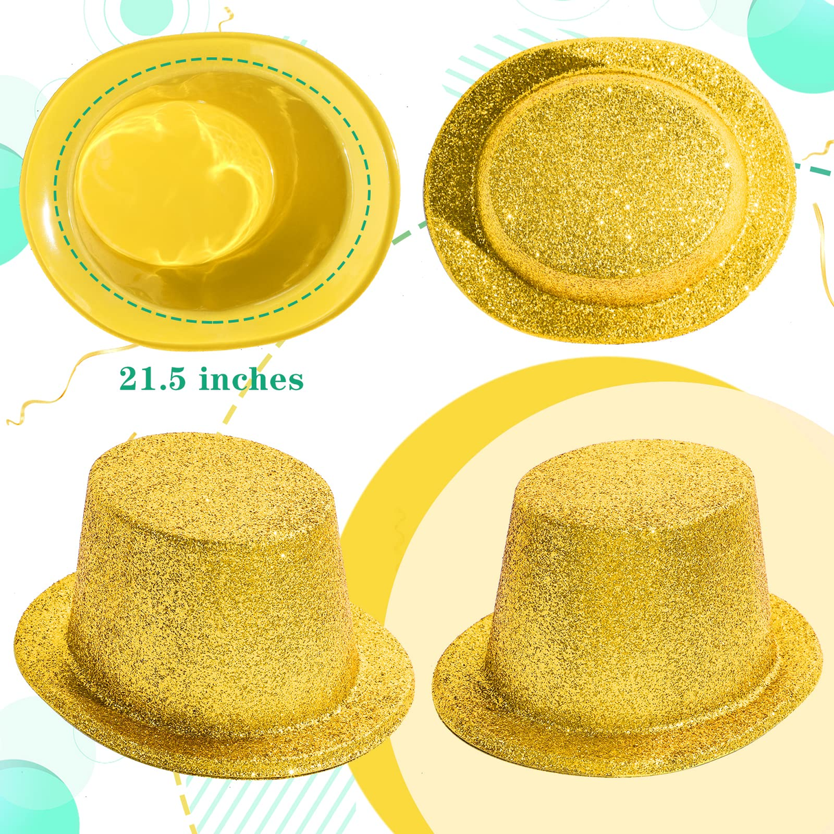 12x Yellow/Gold Glitter Top Hats Bulk Pack - Sparkly Dance Costume/Fancy Dress Party