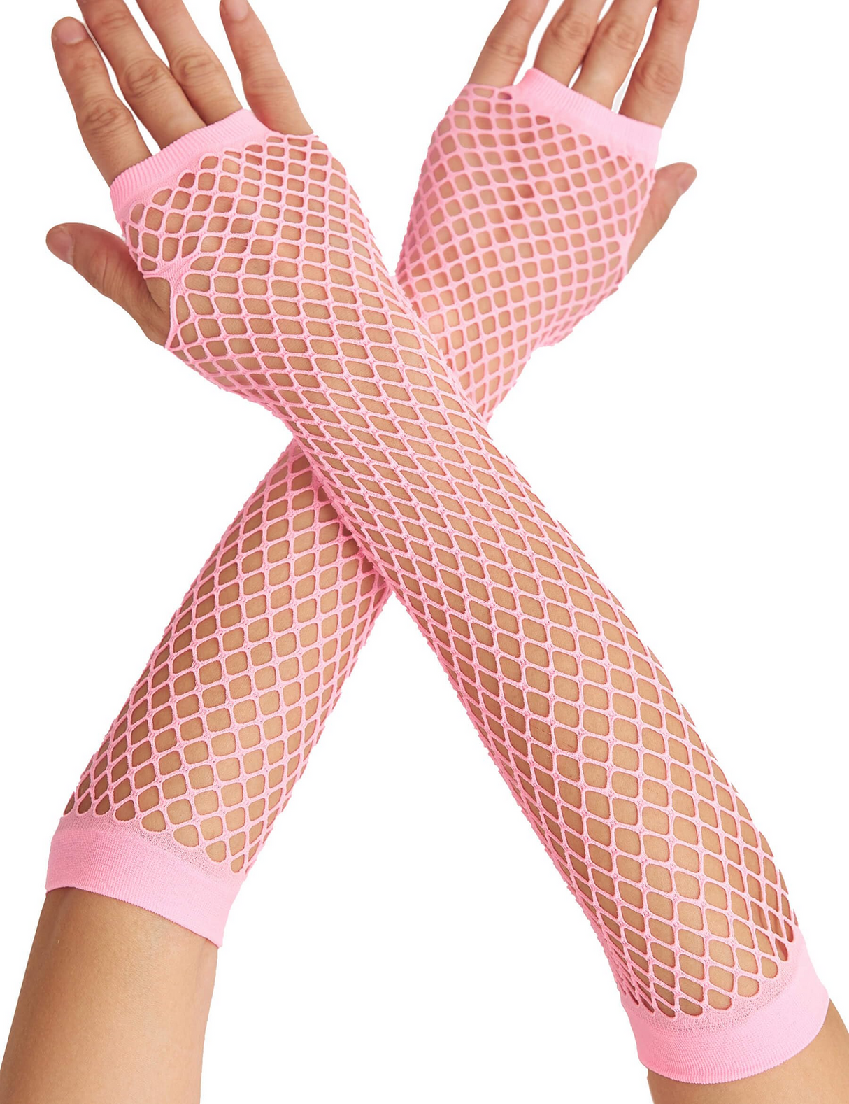 12 Pairs Light Pink Long Fishnet Gloves Bulk - Fingerless Elbow Length (70s & 80s Costume/Party)