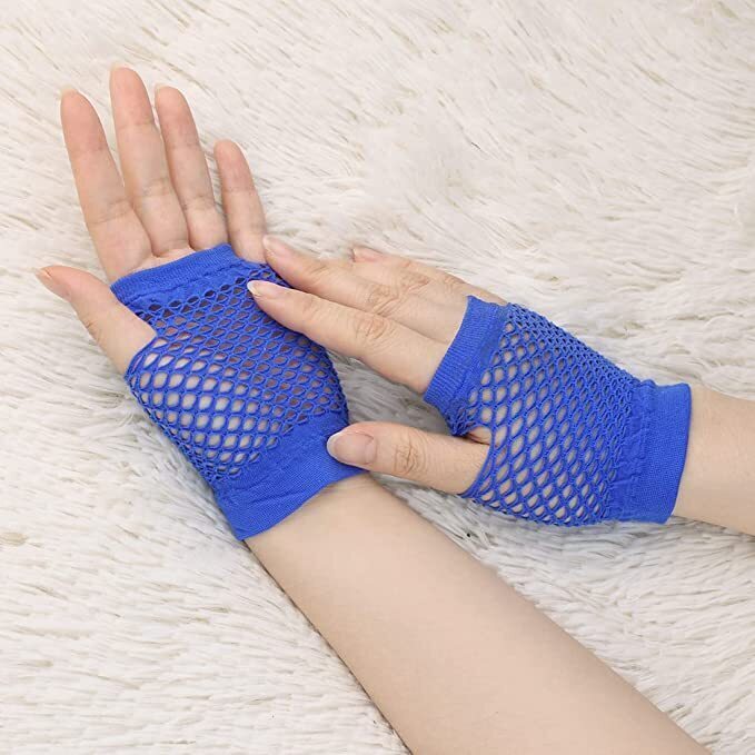 12 Pairs Blue Fishnet Gloves Bulk - Fingerless Wrist Length (70s & 80s Costume/Party)