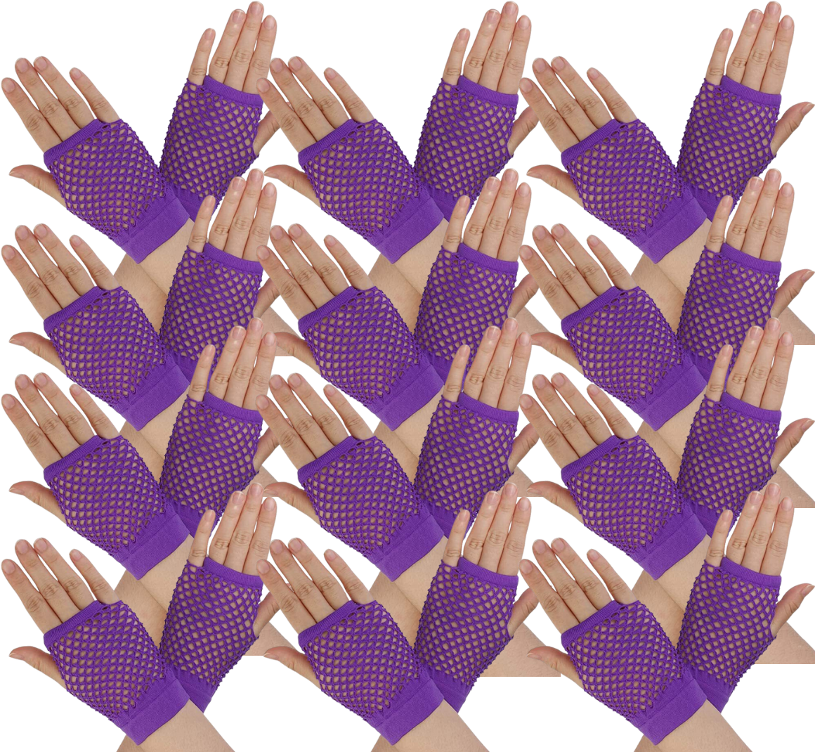12 Pairs Purple Fishnet Gloves Bulk - Fingerless Wrist Length (70s & 80s Costume/Party)
