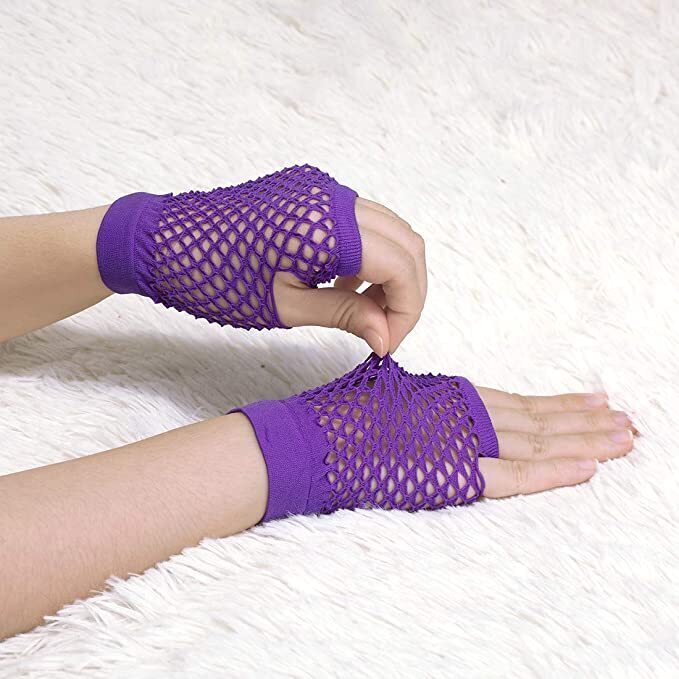 12 Pairs Purple Fishnet Gloves Bulk - Fingerless Wrist Length (70s & 80s Costume/Party)