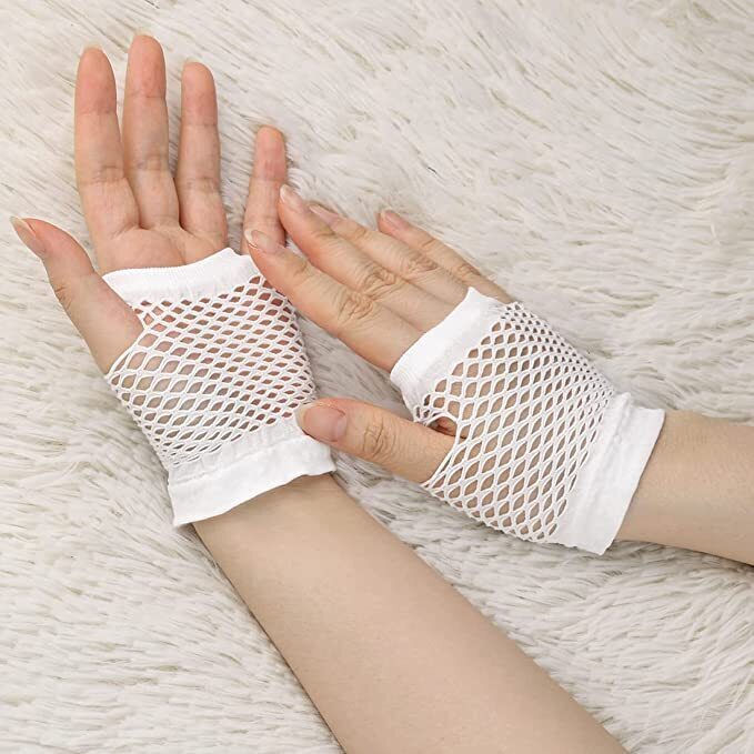 12 Pairs White Fishnet Gloves Bulk - Fingerless Wrist Length (70s & 80s Costume/Party)