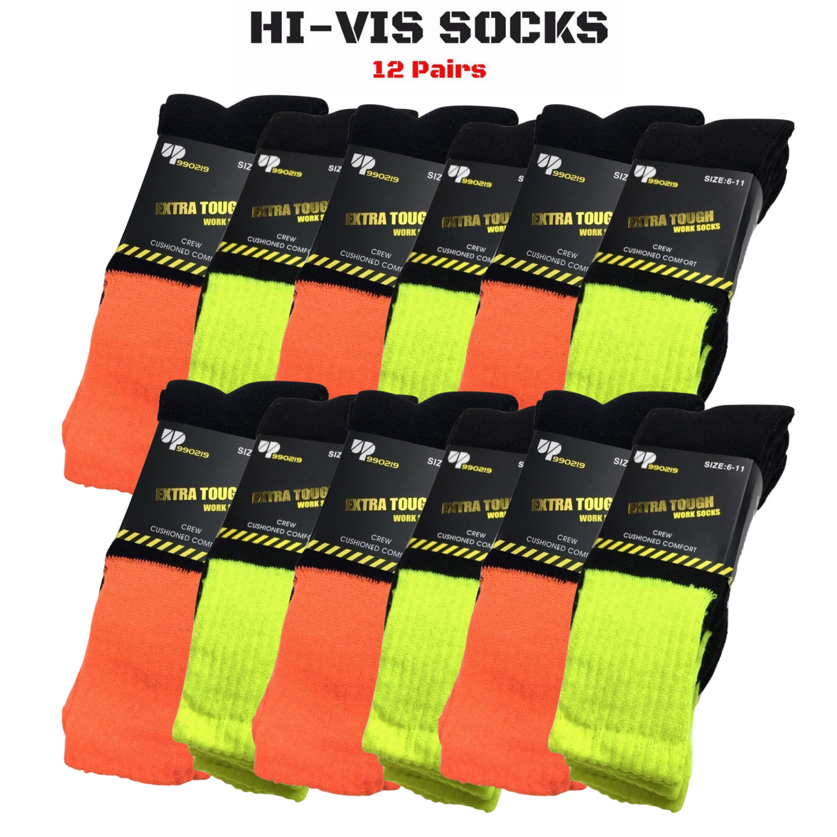 12x Pairs Yellow & Orange HI VIS SOCKS Bulk Pack - High Visibility Fluro Safety Workwear