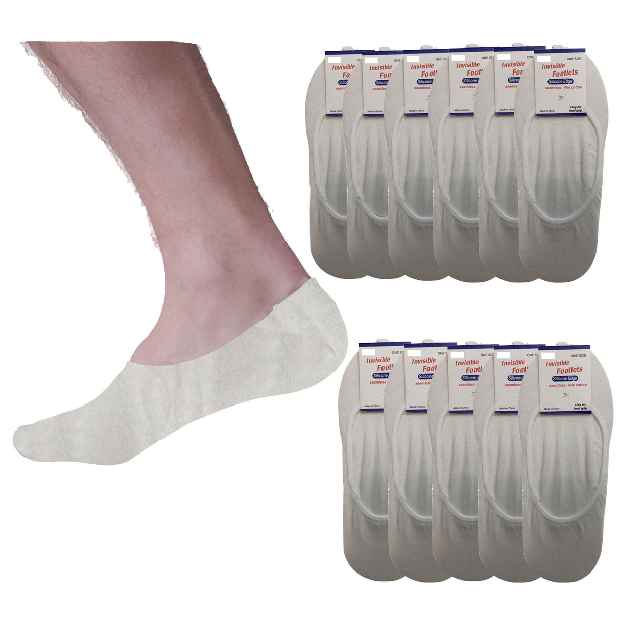 12x NO SHOW COTTON SOCKS Non Slip Heel Grip Low Cut Invisible Footlet Seamless - White - 2-8