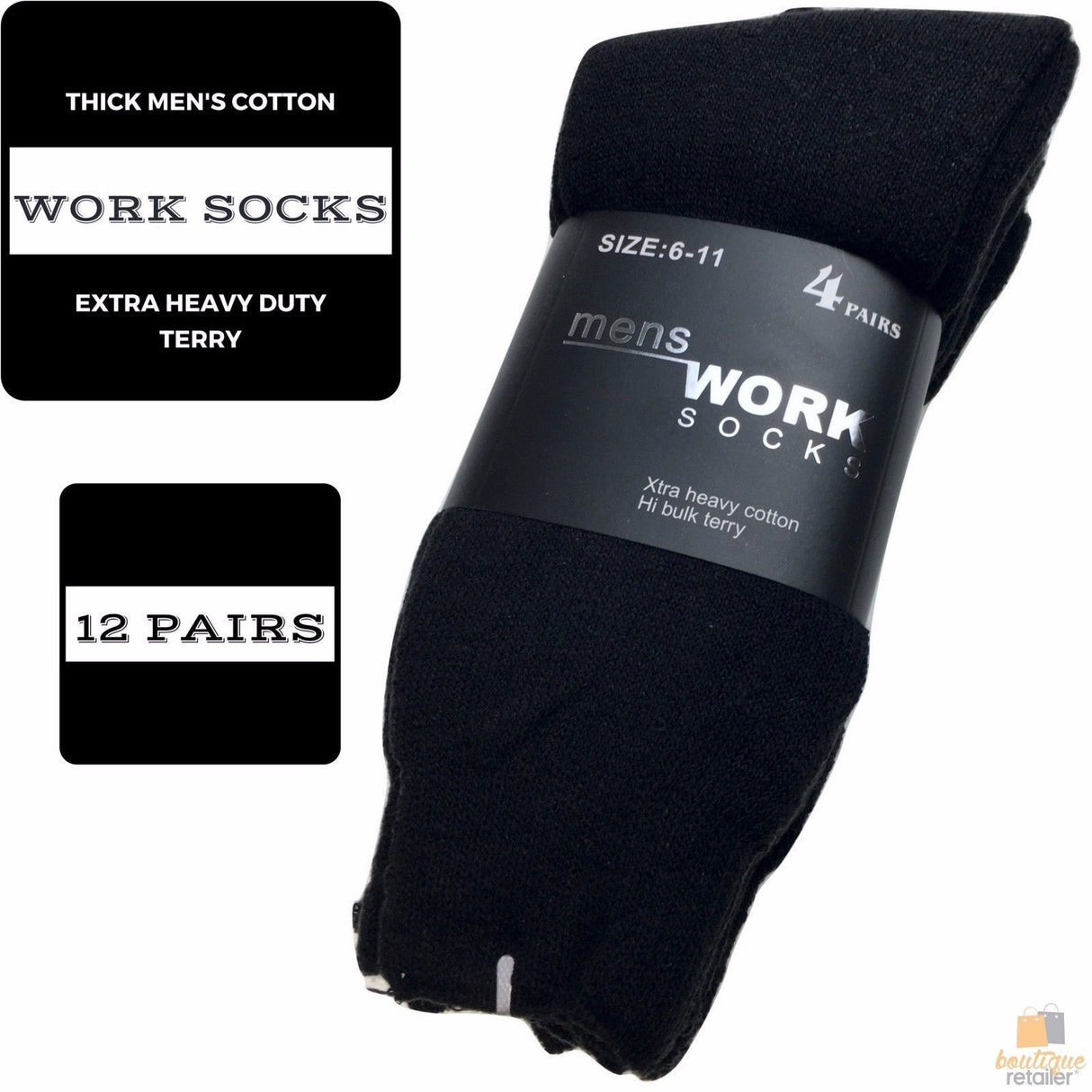 12 Pairs THICK WORK SOCKS Terry Cotton Extra Heavy Duty Outdoor Warm Mens BULK - Black