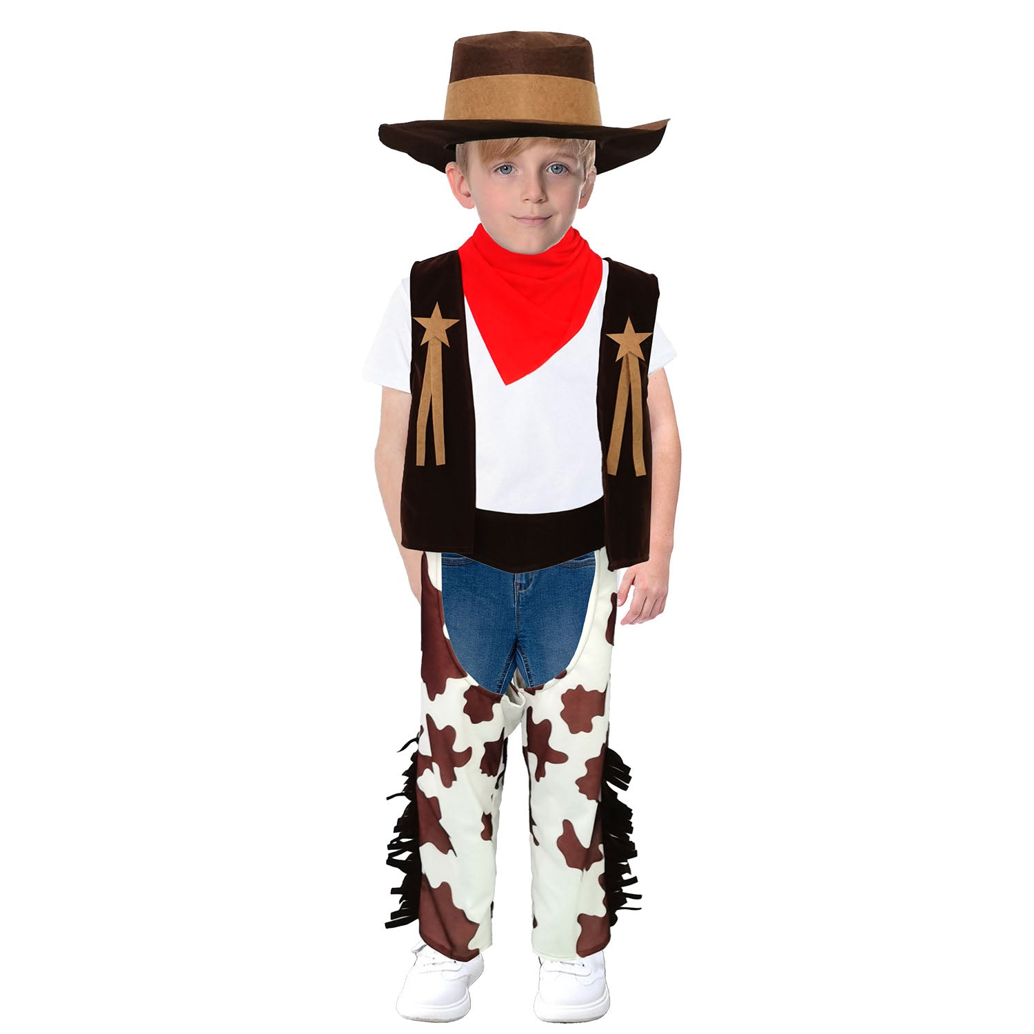 Kids Wild West Cowboy Costume Hat Vest Chaps Neckerchief Belt Dress-Up