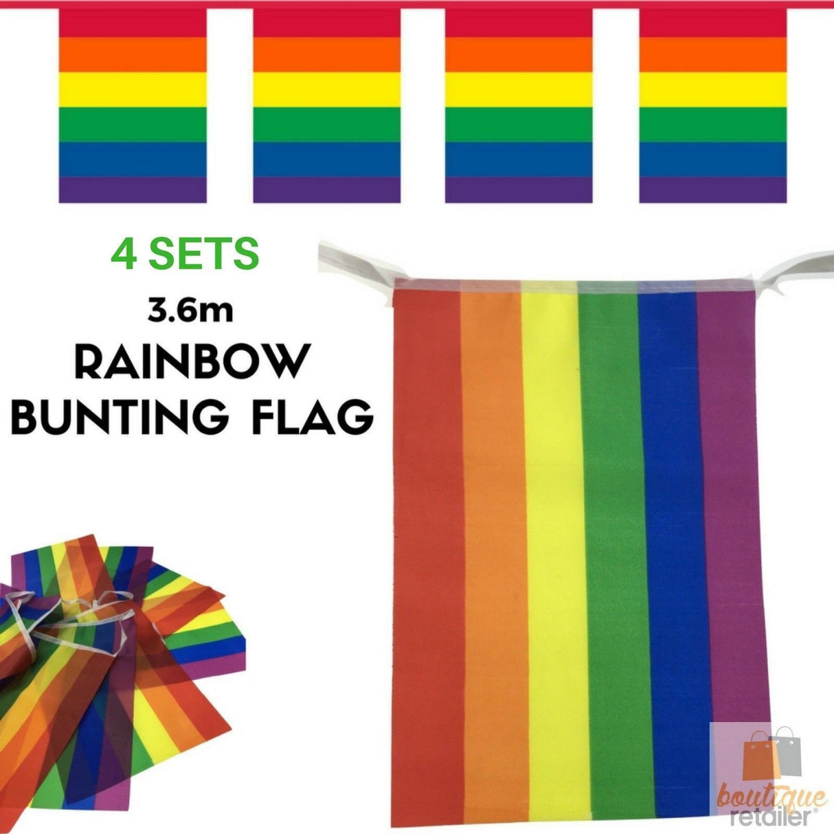4x 3.6m Rainbow Bunting Flag Bulk - Pride Banner/Market Stalls