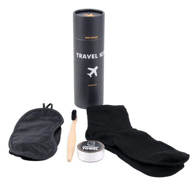 Travel Kit Tube with Eye Mask, Socks, Bamboo Toothbrush & Compressed Towel – 4pc Set