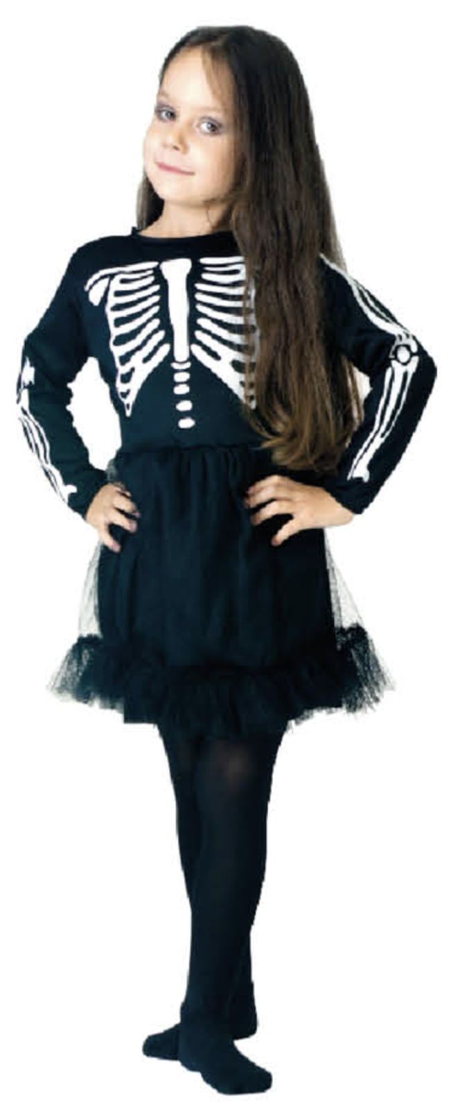 Girls Black & White Skeleton Bones Dress Costume - Kids Halloween & Fancy Dress