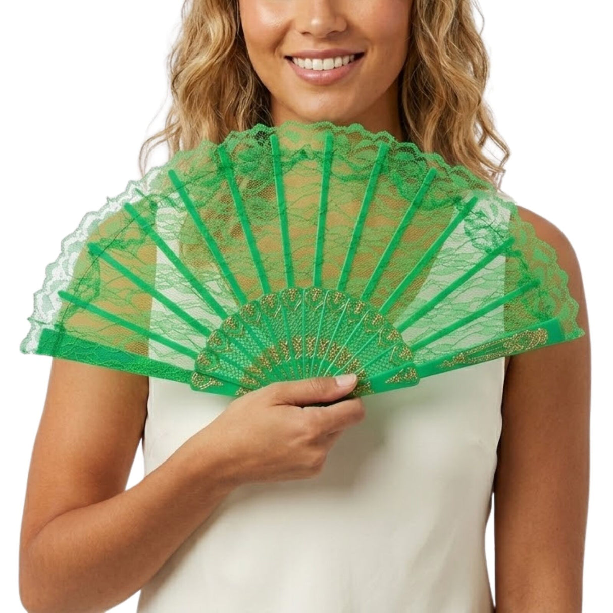 Green Lace Hand Fan - Folding Spanish Flamenco Costume/Vintage Wedding Accessory
