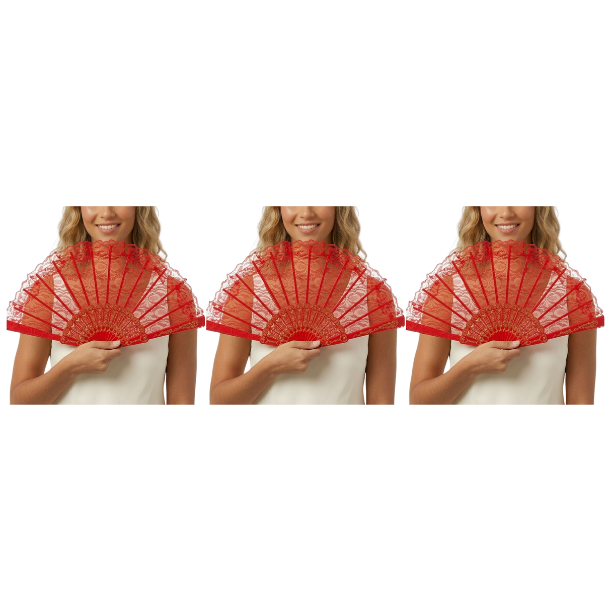 3x Red Lace Hand Fan Pack - Folding Spanish Flamenco Costume/Vintage Wedding Accessory