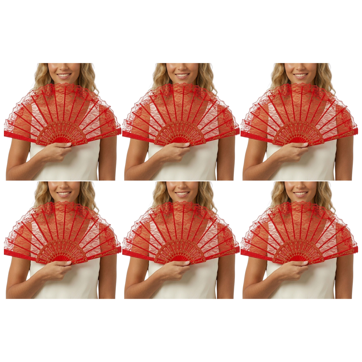 6x Red Lace Hand Fan Bulk Pack - Folding Spanish Flamenco Costume/Vintage Wedding Accessory