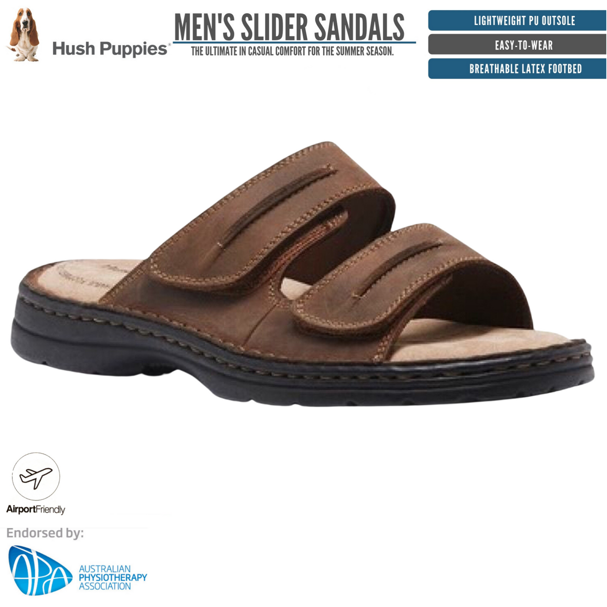 Hush Puppies Slider Mens Leather Adjustable Strap Sandals Slippers Shoes - Brown