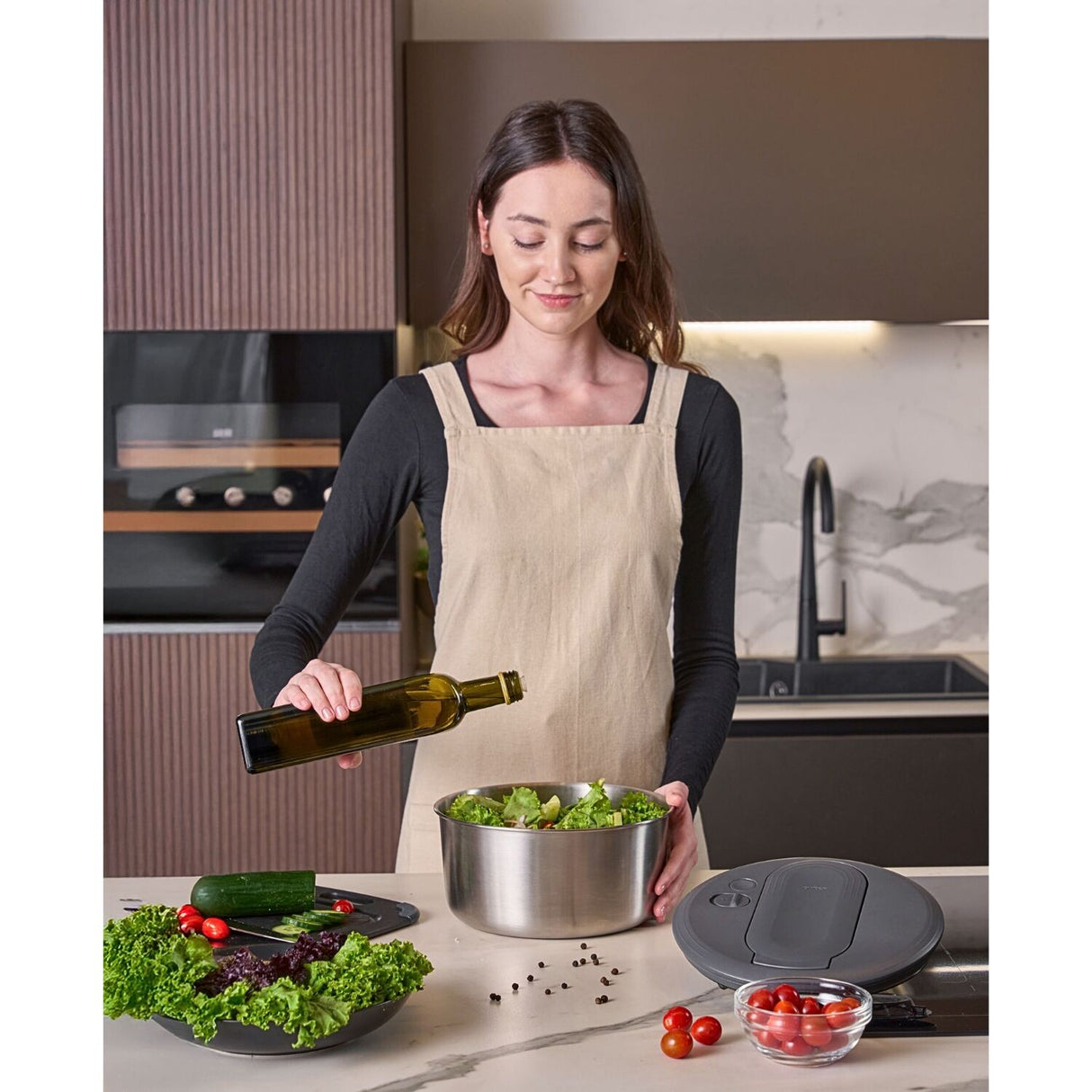 Zyliss Swift Dry Salad Spinner Stainless Steel AquaVent One-Hand Pump - Small