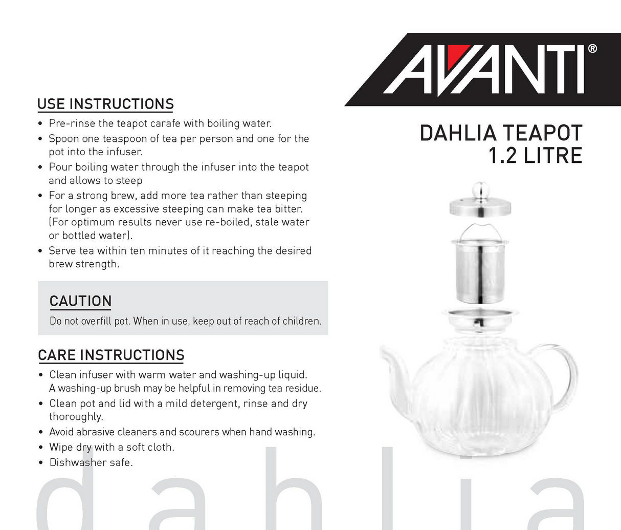 Avanti 1.2 Litre Dahlia Glass Teapot Tea Infuser Maker (1200ml)
