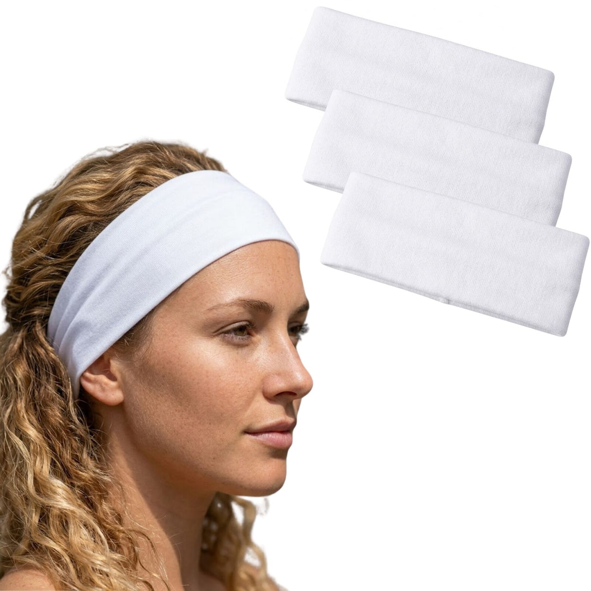 3x White Sports Headband Pack - 8cm Elastic Stretch Hair Band (Yoga/Gym)