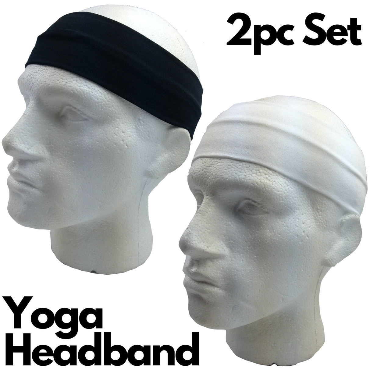 2pc Black & White Sports Headband Set - 8cm Elastic Stretch Hair Band (Yoga/Gym)